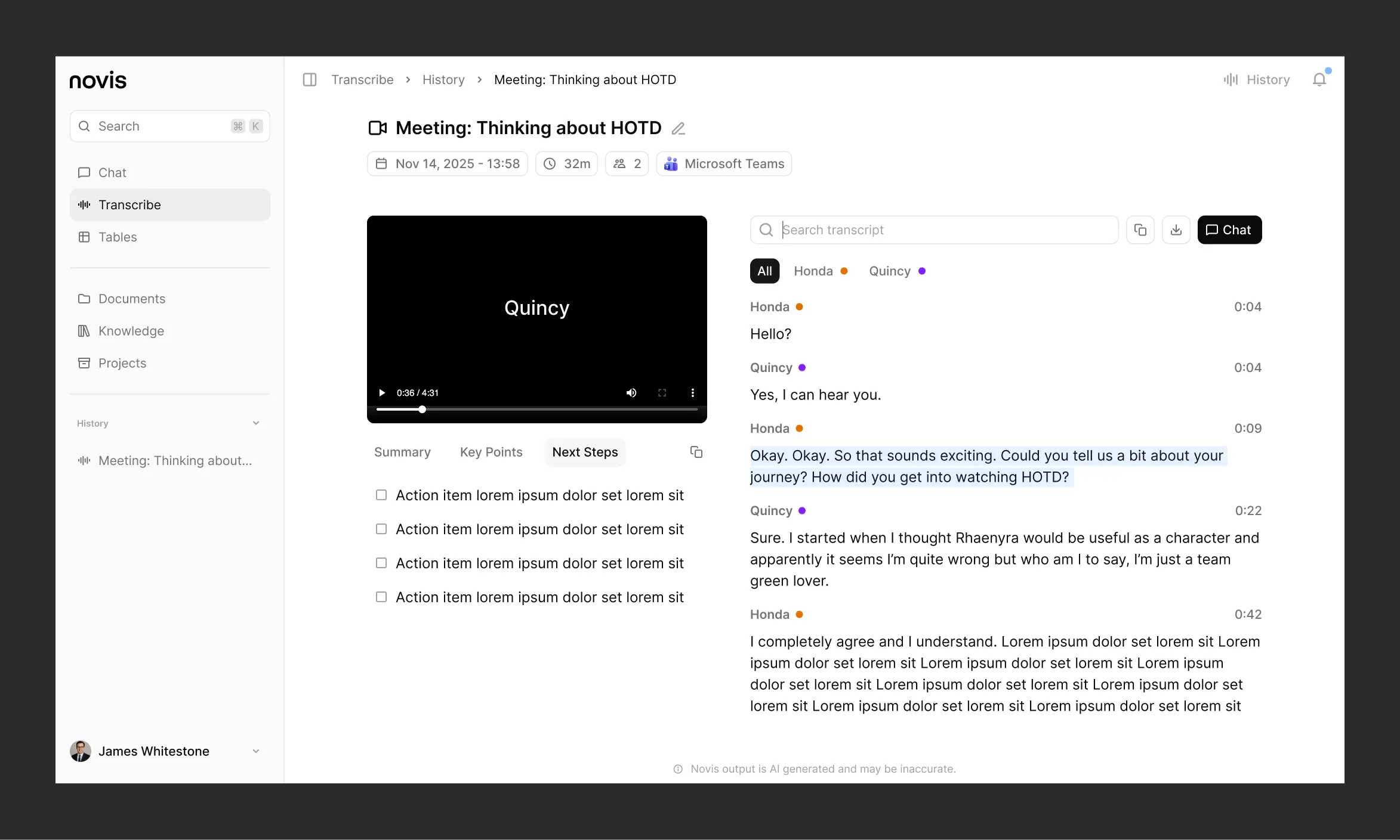 Transcription page with speaker labels and timestamps